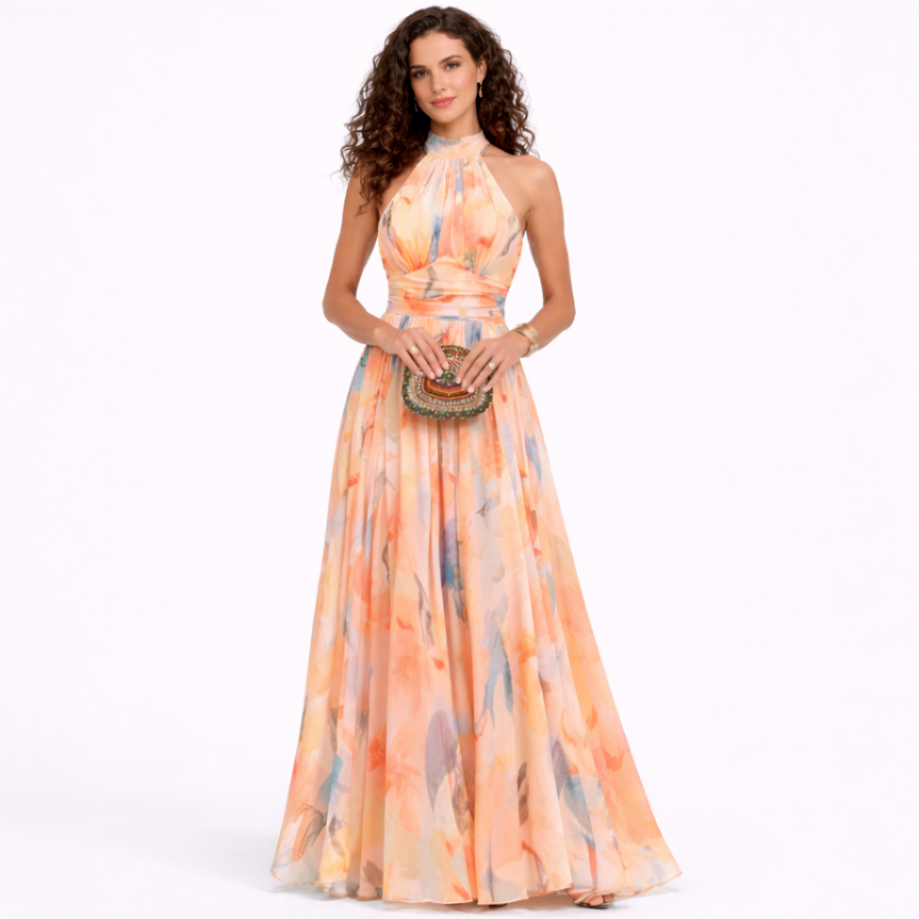 Aurora Vestido con cuello halter y estampado de acuarela