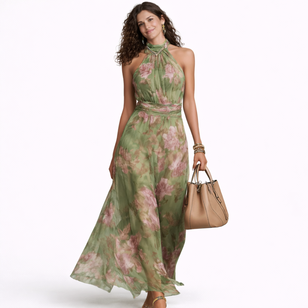 Livia Vestido largo con cuello halter y estampado floral