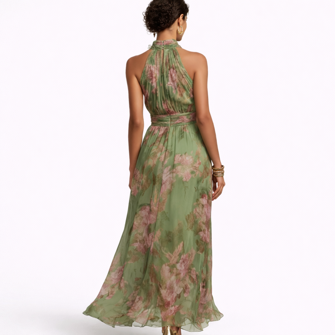 Livia Vestido largo con cuello halter y estampado floral