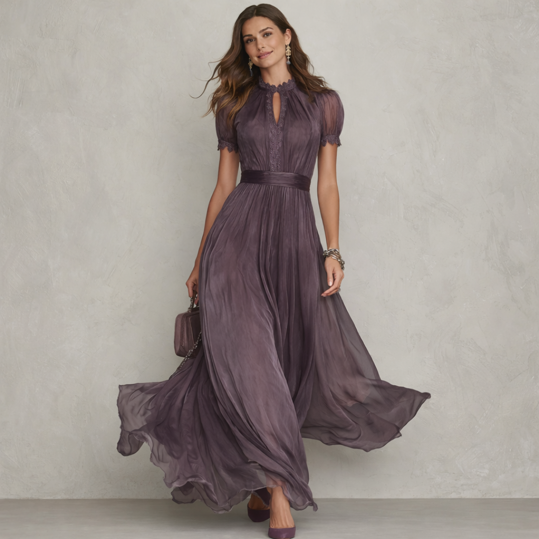 Flavia Vestido largo morado con escote en V y ribete de encaje de gasa